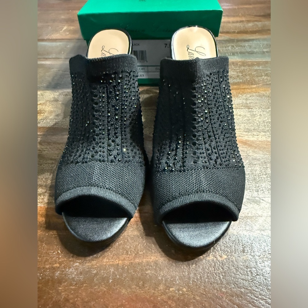 Lauren Lorraine Black‎ Embellished Wedge Sandals-New with box and dust bags